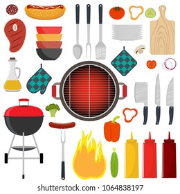 Barbecue party tools and food. Grilled meat, steak, sausage, vegetables. Vector illustration in flat style