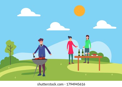 Barbecue party vector concept: group of teenagers having a barbecue party at the green hills