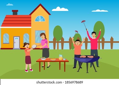 Barbecue party vector concept: Young parents and happy children cooking on grill together while enjoying leisure time