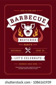 Barbecue party vector flyer or poster design template. BBQ cookout event retro typography.