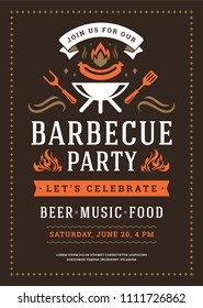 Barbecue party vector flyer or poster design template. BBQ cookout event retro typography.