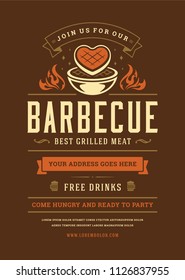 Barbecue party vector flyer or poster design template. BBQ cookout event retro typography.