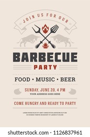 Barbecue party vector flyer or poster design template. BBQ cookout event retro typography.