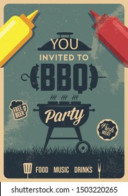 Barbecue party vector flyer or poster design template. Vintage retro style. Invitation card for a barbecue.