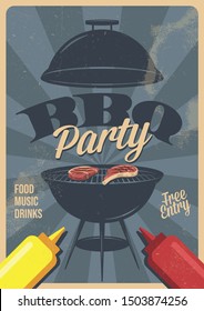 Barbecue party vector flyer or poster design template. Vintage retro style. Invitation card for a barbecue.