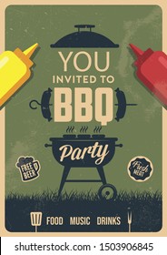 Barbecue party vector flyer or poster design template. Vintage retro style. Invitation card for a barbecue.
