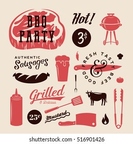 Barbecue Party Vector Retro Labels or Symbols. Meat and Beer Icon Typography Pattern. Steak, Sausage, Grill Signs. Isolated.