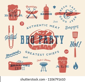 Barbecue Party Vector Retro Signs and Icons Collection. Meat and Beer Symbols With Typography Pattern. Steak, Sausage, Grill Labels. Red and Blue Print Effect. Isolated.