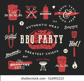 Barbecue Party Vector Retro Symbol Set. Meat and Beer Icon Typography Pattern. Steak, Sausage, Grill Signs. Red on Dark Background.