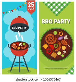 Barbecue party vertical banners with a grilled food and cooking utensils.