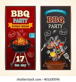 Barbecue party vertical realistic banners set with sausages and vegetables isolated vector illustration 