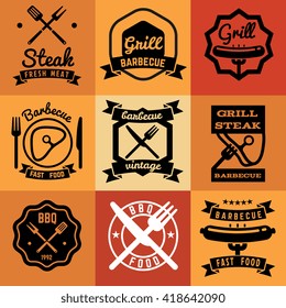 Barbecue party vintage vector emblems, labels, logos for BBQ steak posters. Barbecue grill logo and bbq badge collection. Logo label and emblem for bbq picnic illustration