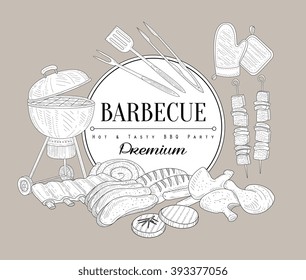 Barbecue Party Vintage Vector Hand Drawn Design Card