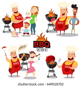 Barbecue people vector set for bbq party and picnic. Cartoon character of men, women, children and best friends on summer vacation isolated on a white background.