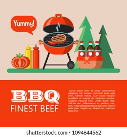 Barbecue, picnic. Appetizing steak is grilled, picnic basket with drinks, ketchup, mustard, tomato. On the background of the forest. Yummy. Summer holidays in nature. Vector illustration.