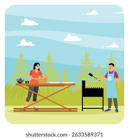 A barbecue picnic with a couple enjoying grilling and preparing food in the middle of nature, surrounded by trees and clear skies. Having picnic lunch concept.