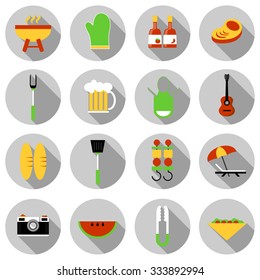 barbecue & picnic flat icon set vector illustration design with long shadow isolated on white background. for web and mobile application