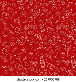 Barbecue, picnic and grill seamless pattern with hand drawn elements of sausage, stake, fish, tomato, soda. Vector illustration.