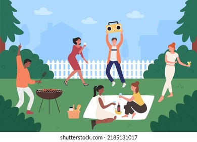 Barbecue picnic of happy young people in backyard of house. Cartoon group of guys and girls dance to music, drink wine sitting on lawn, grill sausages flat vector illustration. Fun party concept