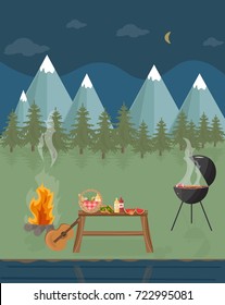 Barbecue picnic in the mountains at night. Green nature Vector flat styles