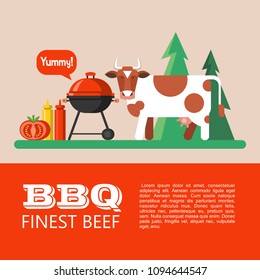 Barbecue, picnic in nature. Cute cow on the background of the forest. Finest beef. Vector illustration with space for text.