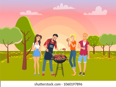 Barbecue picnic on green nature, cheerful friends, vector illustration, cute sunset, barbecue chef cooking steaks and sausages, vegetables and kebabs