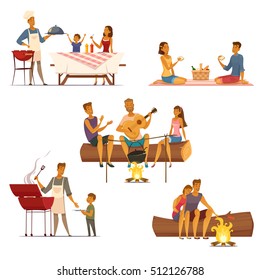 Barbecue picnic outdoor weekend with family and friends 5 retro cartoon compositions icons isolated vector illustration 