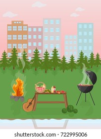 Barbecue picnic in the park. Green nature Vector flat style