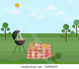 Barbecue picnic in a park. Green nature Vector flat style