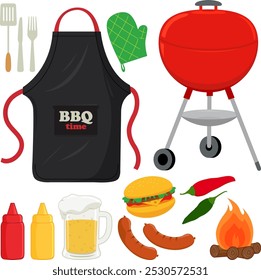 Barbecue picnic party set with bbq grill, cooking apron and food. Flaming roasted hot grill for hot dogs and hamburgers. Spicy chili peppers and beer. Vector illustration