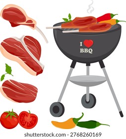 Barbecue picnic party set with bbq grill, steaks and fresh vegetables. Flaming roasted hot grill for ribs, meat chops, chili peppers, tomatoes and herbs. Vector illustration