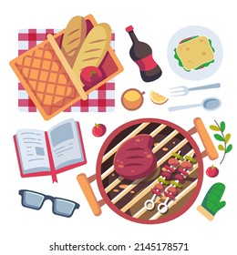 Barbecue and picnic set. Family outing weekend collection with barbeque grill and grilling tools. Vegetarian barbecue set. Vector illustration.