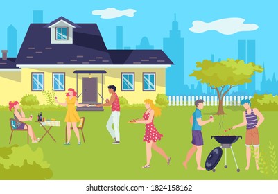 Barbecue picnic in summer, grill bbq holidays vector illustration. Barbeque on vacation, happy people outdoor, group of friends having picnic and making grilled meat and food. Lunch on nature.