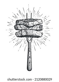 Barbecue, pieces of meat on fork food meat. Hand drawn steak BBQ sketch vector illustration