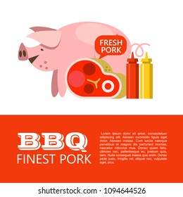 Barbecue pork. Finest pork. Cute pig, steak, ketchup and mustard. Illustration with space for text.