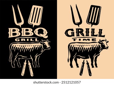 Barbecue poster. BBQ grill time banner vintage. Emblem for restaurant menu vector illustration