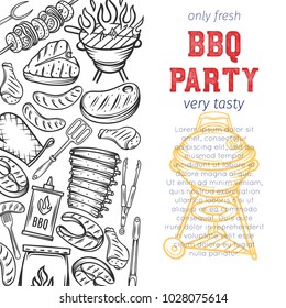 Barbecue poster. BBQ party template with hand drawn meat, chicken, fish, sausage and tools. Vector hand drawn sketch illustration.