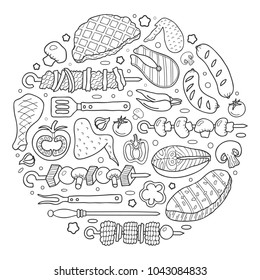 Barbecue poster. BBQ party template frame with hand drawn meat, chicken, fish, sausage and tools. Vector hand drawn sketch illustration.