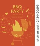 Barbecue poster. BBQ time. Barbecue party invitation for outdoor picnic. Abstract flat vector illustration with grill barbecue, doodle elements. Perfect background for menu, posters, cover design