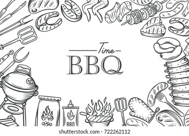 Barbecue poster template BBQ party with hand drawn meat, chicken, fish, sausage and tools. Vector hand drawn sketch illustration.