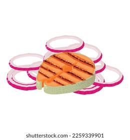 Icono de producto de parrillada vector isométrico. Pieza de pescado rojo frito y anillo de cebolla roja. Concepto alimentario, nutrición saludable