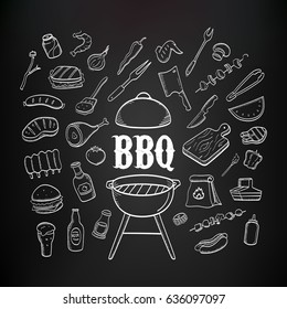 Barbecue products and tools hand drawn fiddle icons on the blackboard background. BBQ food and drink icons set.