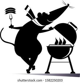 Barbecue and rat or mouse illustration. Cartoon rat or mouse frying sausages and steaks on the grill black on white illustration
