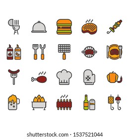 Barbecue related color outline icon set.Vector illustration