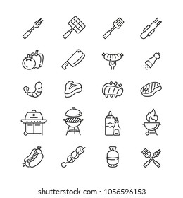 Barbecue related icons: thin vector icon set, black and white kit