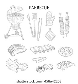 Barbecue Related Isolated Items And Food Hand Drawn Realistic Sketch