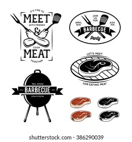 Barbecue related labels, badges and design elements. Trendy quotes about meat. Vector vintage illustration.