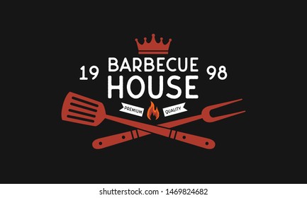 Barbecue restaurant logo. BBQ Grill logo, poster, menu template. Grill fork and Spatula. Vintage BBQ emblem. Vector illustration