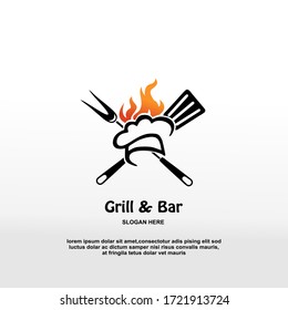 Barbecue restaurant logo concept. Logo of Barbecue, Grill and Bar with fire, grill fork and spatula. BBQ logo template. Vector illustration