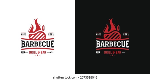 Restaurante barbacoa. Logo de Barbacoa, Grill y Bar con chimenea, bifurcación y espátula. logo del steak house, bistec, barbacoa, parrilla. Grunge textura. Ilustración del vector